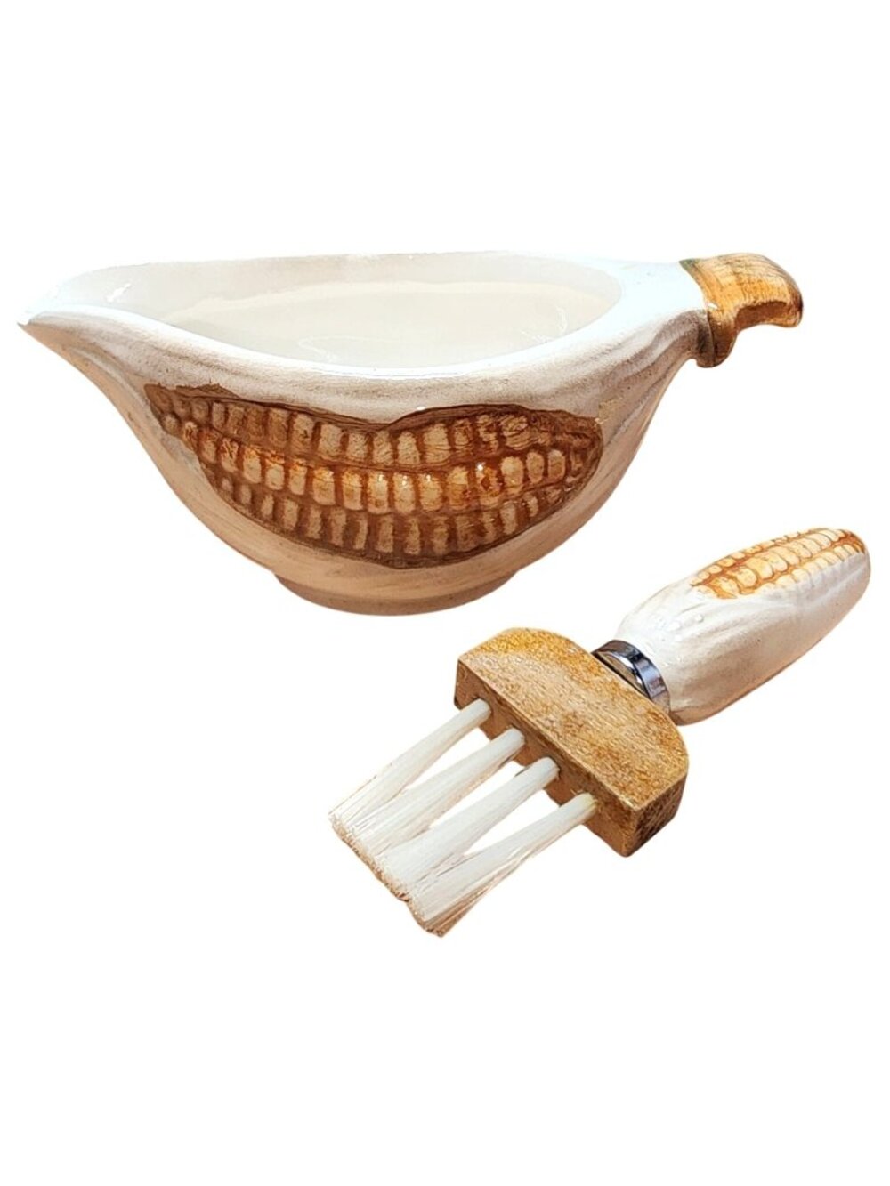 Vintage Ceramic Corn on the Cob Butter Pitcher Bowl Boat Dish & Brush Set MCM